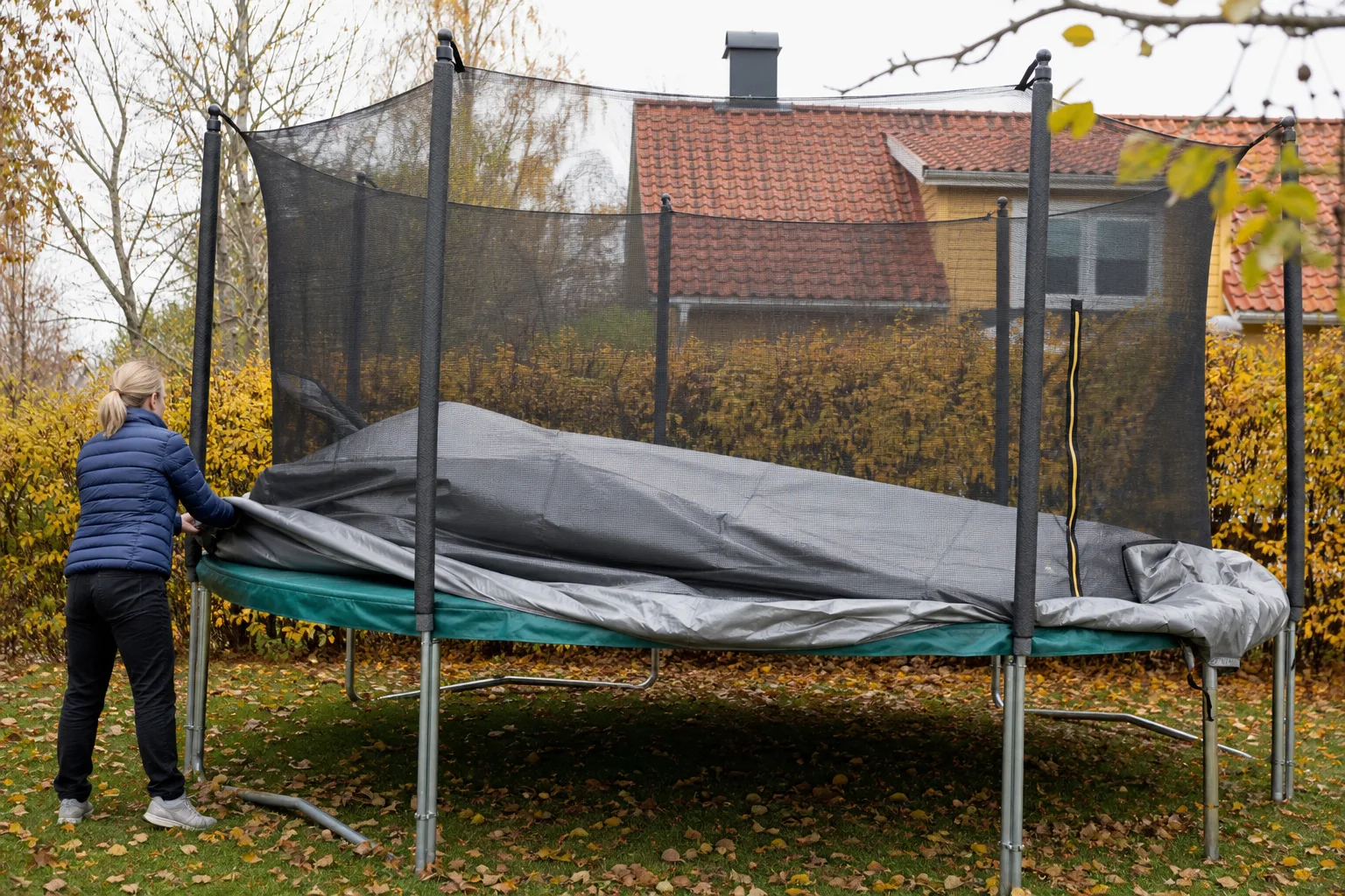 Grått täckskydd dras över studsmatta i höstträdgård