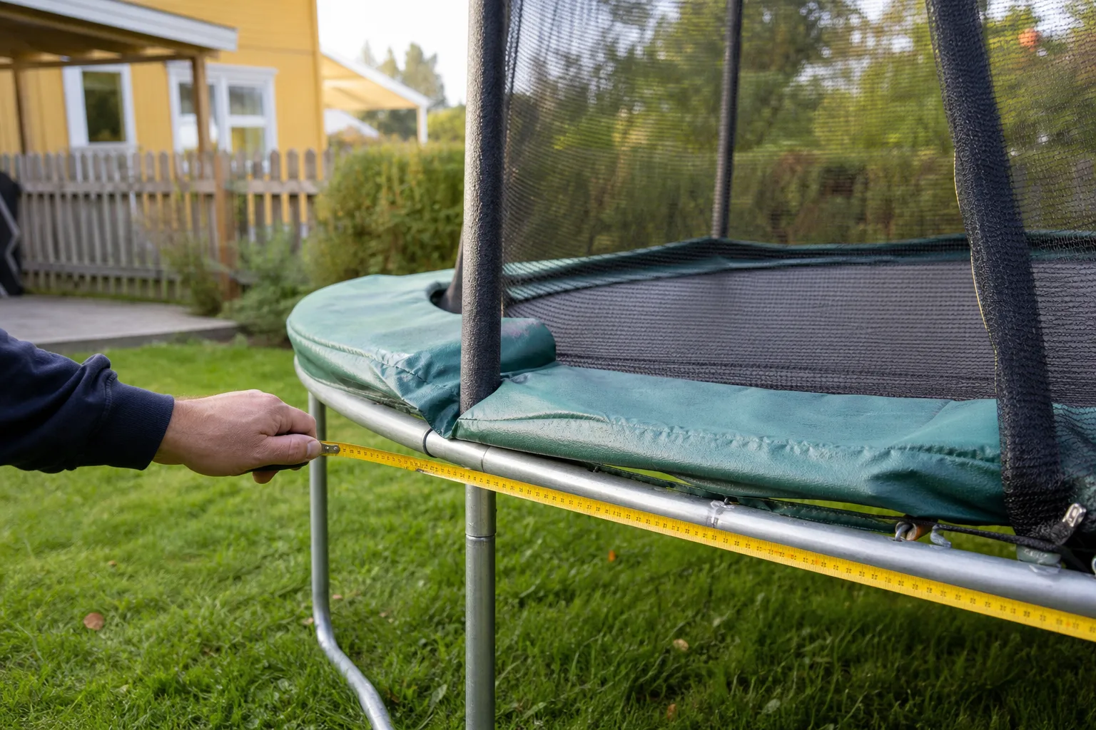 En person mäter studsmattans ram med måttband och fotograferar ett fäste med mobilen
