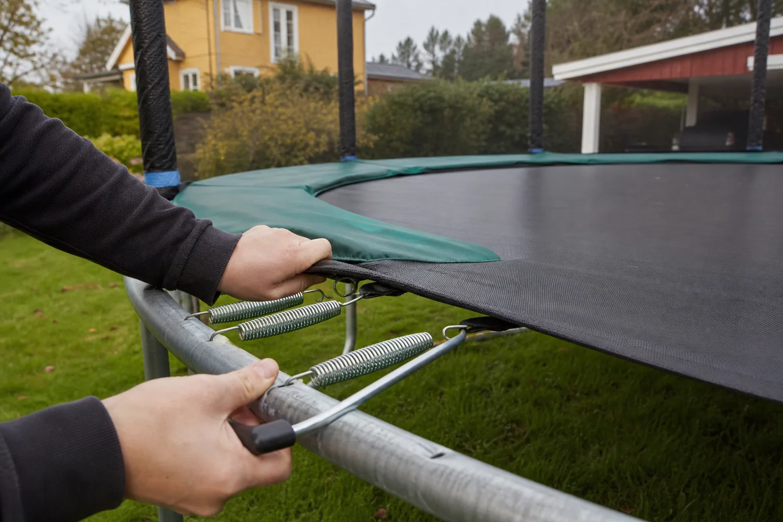 En lös studsmattefjäder ligger intill ett måttband med båda krokarna synliga