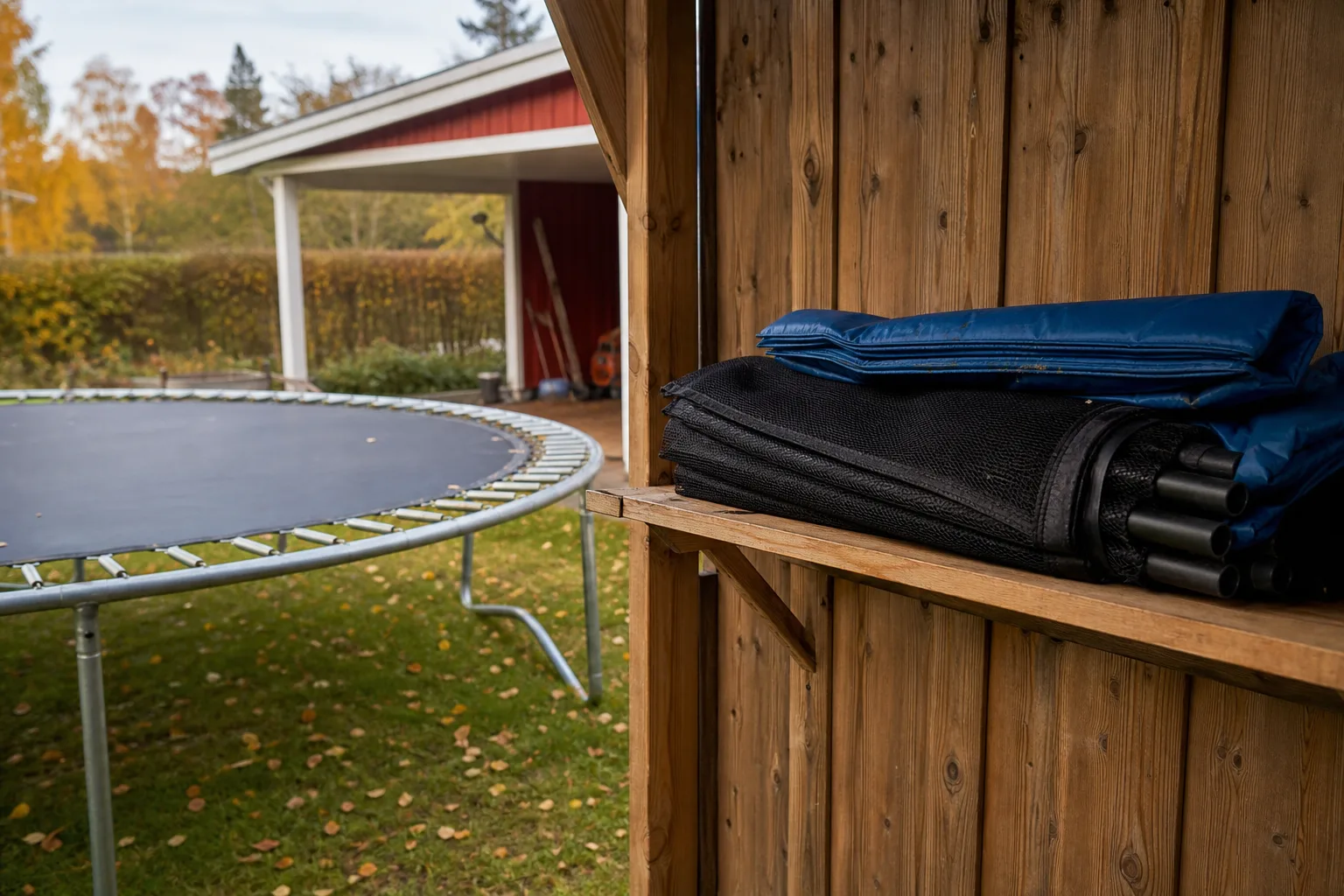 Kantskydd och skyddsnät ligger framme för torkning intill en studsmatta